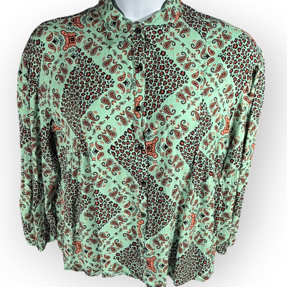 Wrangler Retro‎ Mint Green Paisley Leopard Print Snap Blouse XL Western Rodeo
